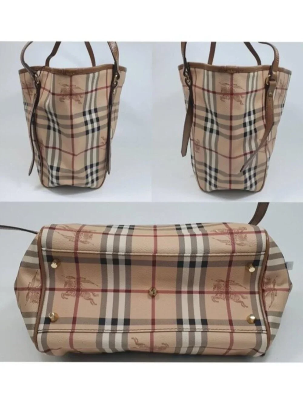 Authentic Burberry Haymarket Check Tote Bag Leather With Matching Zip Pouch